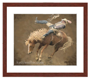 Rodeo Rider painting with mahogany frame by wildlife artist Kathie Miller. Prints available.