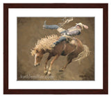 Rodeo Rider painting with walnut frame by wildlife artist Kathie Miller. Prints available.