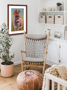 Pastel portrait of a donkey in a babies nursery .  Rendered in a contemporary style using bold strokes and bright colors by award winning artist Kathie Miller.