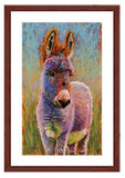 Pastel portrait of a donkey with a mahogany frame and white mat. Rendered in a contemporary style using bold strokes and bright colors by award winning artist Kathie Miller. 