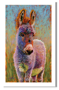 Pastel portrait of a donkey in the bright sun. Rendered in a contemporary style using bold strokes and bright colors by award winning artist Kathie Miller.