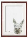 Smiling Donkey Trompe l'oeil nursery art with mahogany frame by wildlife artist Kathie Miller. Perfect for a nursery or child's room. Prints available.
