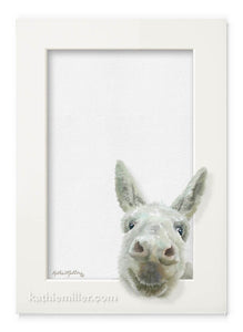 Smiling Donkey Trompe l'oeil nursery art by wildlife artist Kathie Miller. Perfect for a nursery or child's room. Prints available.