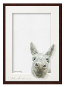 Smiling Donkey Trompe l'oeil nursery art with walnut frame by wildlife artist Kathie Miller. Perfect for a nursery or child's room. Prints available.