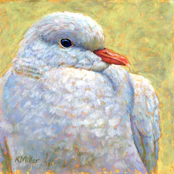 Original 8” x 8” pastel portrait of a white dove by award winning artist Kathie Miller. Contemporary style using bold strokes and bright colors. Prints available.