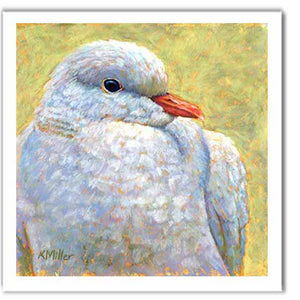 Pastel portrait print of a white dove. Rendered in a contemporary style using bold strokes and bright colors by award winning artist Kathie Miller.