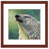 "Something in the Air-Polar Bear”. Pastel portrait of a polar bear with a mahogany frame and white mat. Rendered in a contemporary style using bold strokes and bright colors by award winning artist Kathie Miller. 