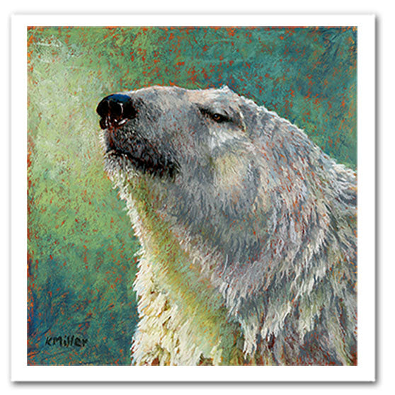 “Something in the Air-Polar Bear” Pastel portrait of a polar bear in a contemporary style with pastels using bold strokes and bright colors by award winning artist Kathie Miller.