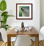 A mock up photo of a simple dining area. Hung on the wall is a print of my painting “Something in the Air-Polar Bear” by award winning artist Kathie Miller. The print has a mahogany frame and white mat. This is a contemporary pastel portrait of a polar bear rendered in bold expressive strokes and bright colors. 
