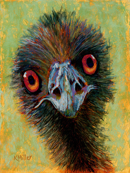 Original 6” x 8” pastel portrait of a young emu by award winning artist Kathie Miller. Contemporary style using bold strokes and bright colors. Prints available.