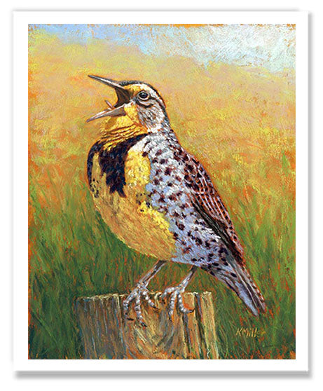 Pastel portrait print of a meadowlark singing in the early morning sun. Rendered in a contemporary style using bold strokes and bright colors by award winning artist Kathie Miller.