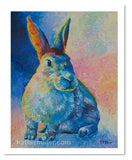 Spring Rabbit painting by wildlife artist Kathie Miller. Perfect for any childs room with its bright colors.  Available as prints or wrapped canvas.
