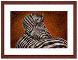 Pastel portrait print of zebra with a mahogany frame and white mat. Rendered in a contemporary style using bold strokes by award winning artist Kathie Miller. 