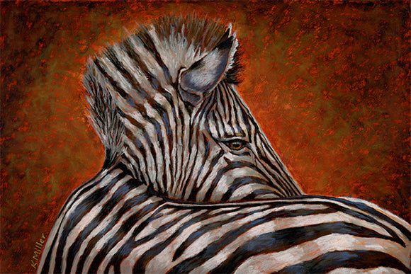 Original 18” x 12” Pastel portrait of a zebra by award winning artist Kathie Miller. Contemporary style using bold strokes. Prints available.