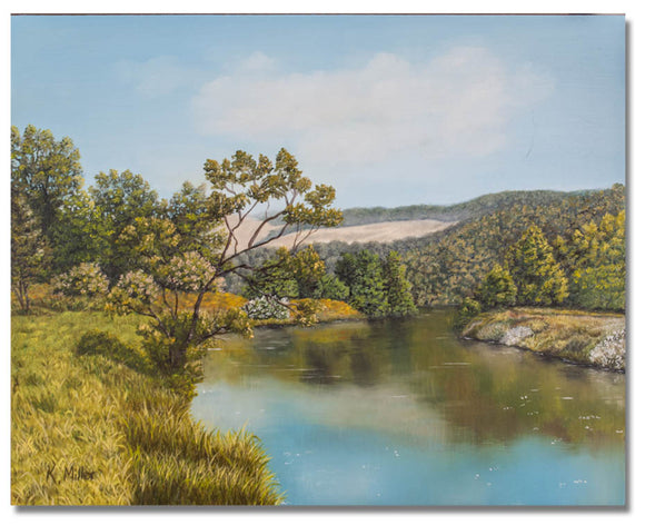 Original hyper realistic oil painting of trees and grassy hills by a river, 8 x 10 Oil on panel by award winning artist Kathie Miller. Painting is shipped unframed.