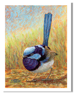 Pastel portrait print of a superb fairy wren. Rendered in a contemporary style using bold strokes and bright colors by award winning artist Kathie Miller.