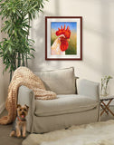 Pastel portrait print of a white rooster framed in mahogany and a white mat  hanging in a sitting area.  Rendered in a contemporary style using bold strokes and bright colors by award winning artist Kathie Miller.