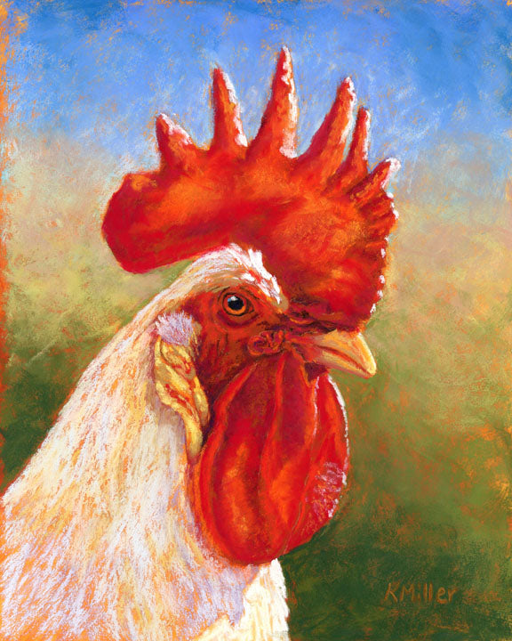 Original 8” x 10” pastel portrait of a white rooster by award winning artist Kathie Miller. Contemporary style using bold strokes and bright colors. Prints available.