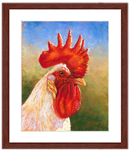 Pastel portrait print of a white rooster with a mahogany frame and white mat. Rendered in a contemporary style using bold strokes and bright colors by award winning artist Kathie Miller. 