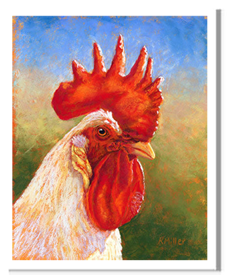 Pastel portrait print of a white rooster. Rendered in a contemporary style using bold strokes and bright colors by award winning artist Kathie Miller.