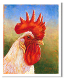 Pastel portrait print of a white rooster. Rendered in a contemporary style using bold strokes and bright colors by award winning artist Kathie Miller.