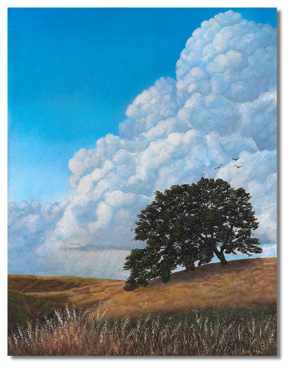 Original hyper realistic oil painting of thunder clouds over Mt Diablo, California, a lone oak stands on a hill. 8 x 10 Oil on panel by award winning artist Kathie Miller.  Painting is shipped unframed.