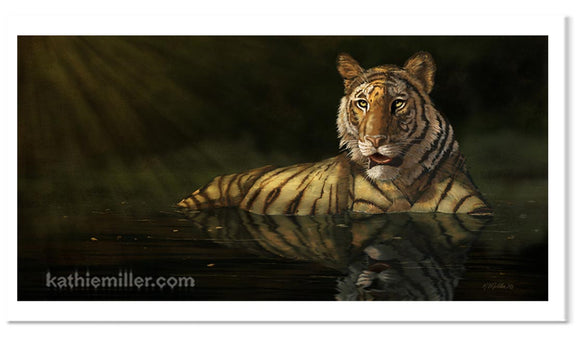 Tiger in the Water painting by award winning artist Kathie Miller. Prints available.