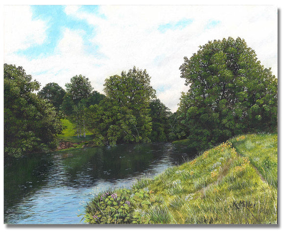 Original hyper realistic oil painting of trees and a grassy hill by a river. 8 x 10 Oil on panel. Painting is shipped unframed