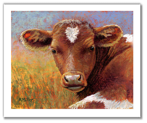 Pastel portrait print of a longhorn calf with a perfect heart on her forehead laying in the sun. Rendered in a contemporary style using bold strokes and bright colors by award winning artist Kathie Miller.