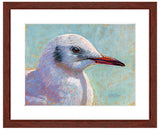 " Waiting for the Boats to Come In – Sea Gull”. Pastel portrait of a sea gull with a mahogany frame and white mat. Rendered in a contemporary style using bold strokes and bright colors by award winning artist Kathie Miller. 