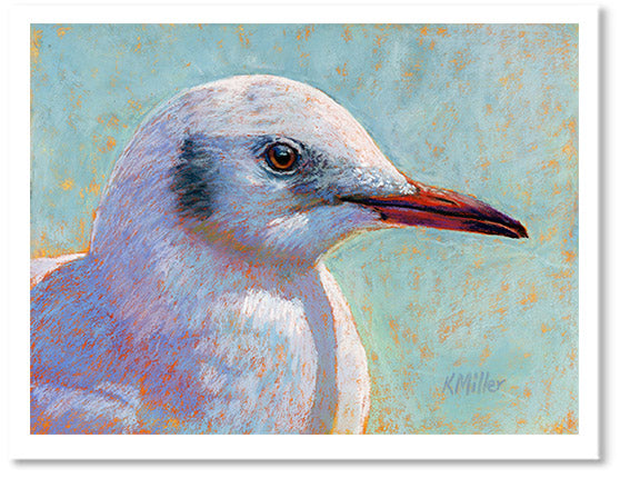 “Waiting for the Boats to Come In – Sea Gull” Pastel portrait of a sea gull in a contemporary style using bold strokes and bright colors by award winning artist Kathie Miller.