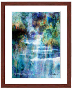 Abstract painting of a waterfall in blues and greens with a mahogany frame by award winning artist Kathie Miller