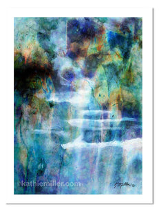 Abstract painting of a waterfall in blues and greens by award winning artist Kathie Miller