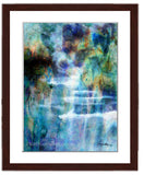 Abstract painting of a waterfall in blues and greens with a walnut frame by award winning artist Kathie Miller