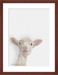  Lamb painting nursery art with mahogany frame by wildlife artist Kathie Miller. Perfect for a nursery or child's room. Prints available.
